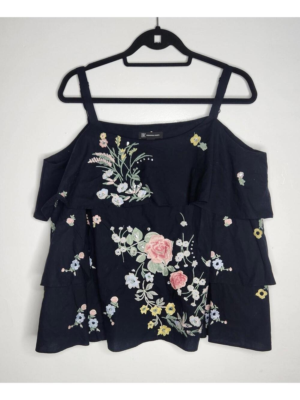 INC International Concepts Shirt Womens Large Black Floral Embroidered Ruffle